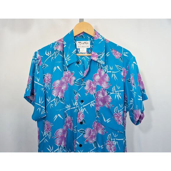 Vintage 90s Blouse Turquoise Blue Hawaiian Floral Top Shirt Misses Size S - Picture 2 of 5